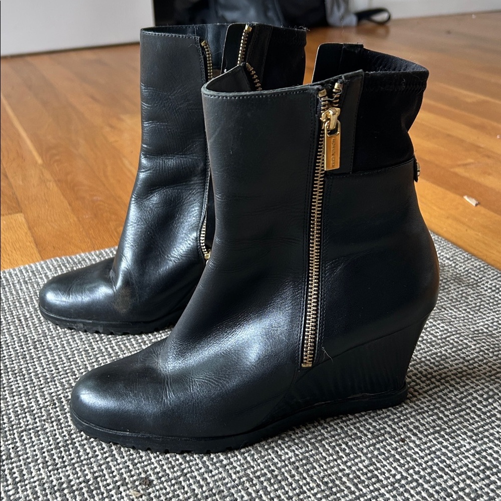Michael Kors Wedge Black Boots with Gold Zipper